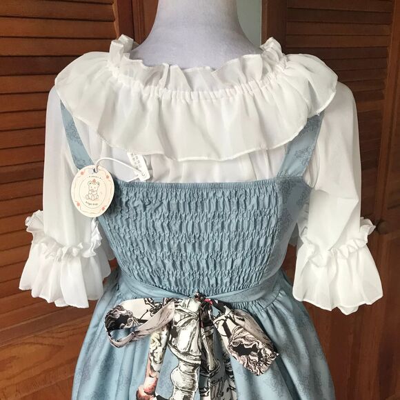 Lolita Alice in Wonderland Tea Party Follow the White Rabbit! Blue White Dress S - Picture 9 of 13